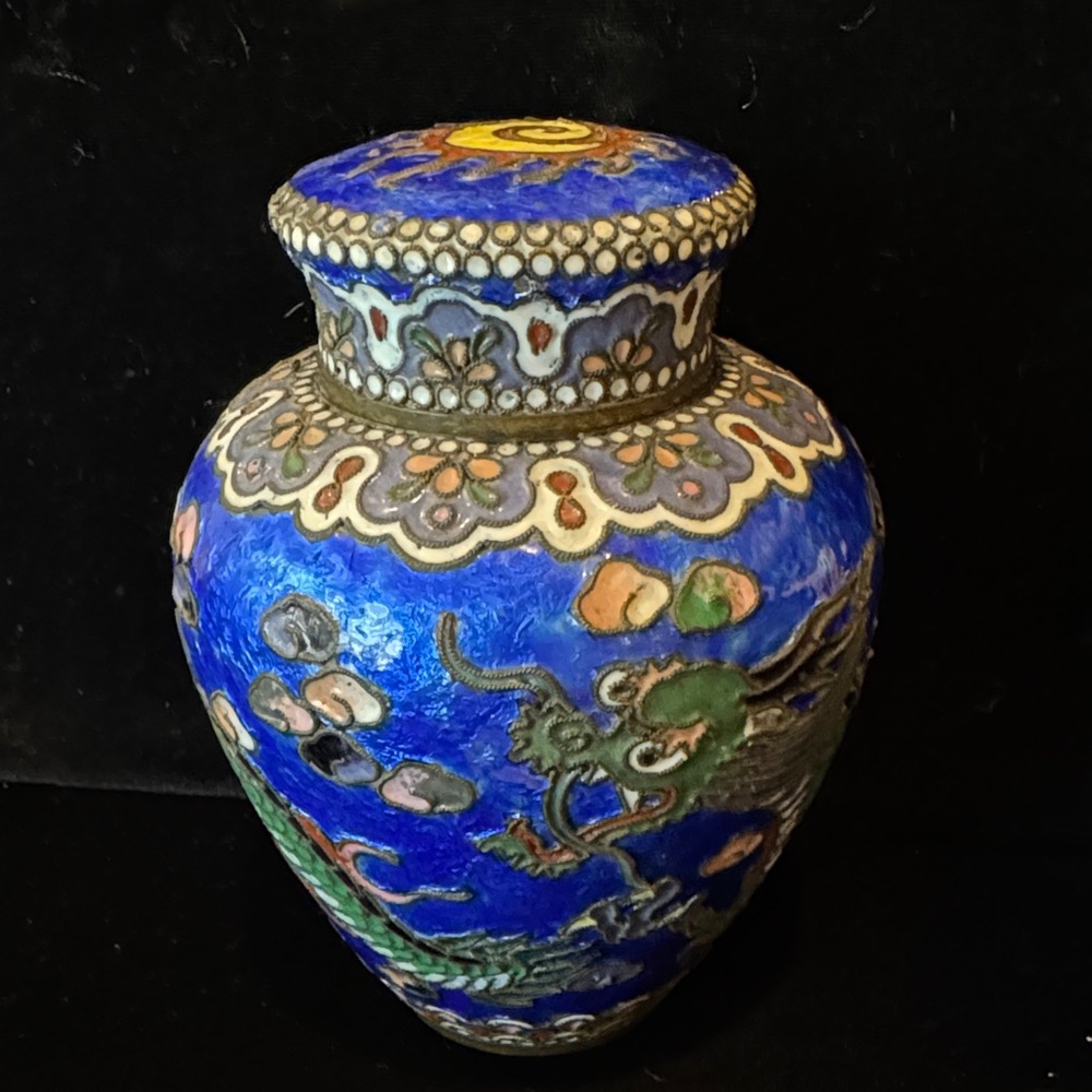 Vintage/Antique Blue Dragon Cloisonné Ginger Jar/Covered Vase AS-IS